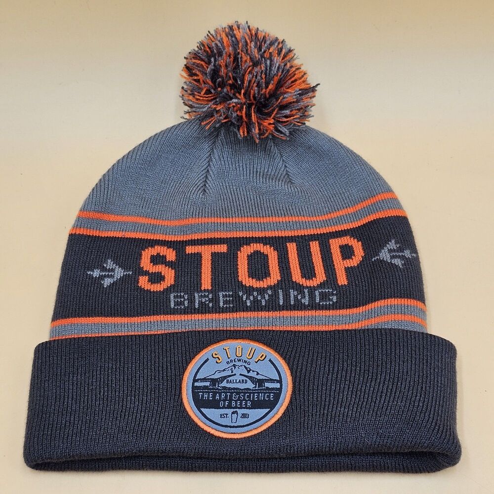Stoup Brewing Cuffed Pom Beanie Hat Grey Orange Ballard Craft Beer Brist MFG